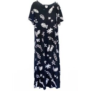 Vtg DONNA Bohemian Nautical black & white Fish full length dress Womens size L